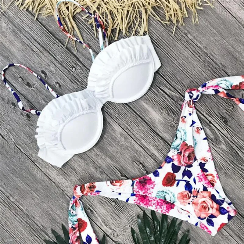 

Women 2pcs Bikini Sets Lace Padded Bra Floral Print + Shorts Swimsuit Beach Bathing Suits Female Summer Swimwear Femme Bikini