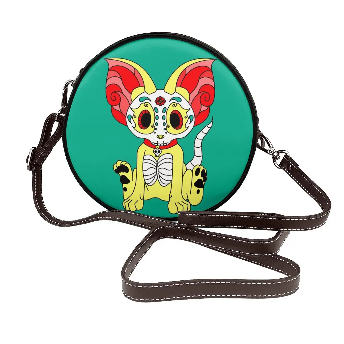 

Dia De Los Muertos Chihuahua Shoulder Bag Mexican Skull Bulk Vintage Round Bag Leather Streetwear Student Purse