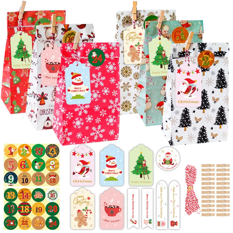 

24Sets Christmas Paper Bags Santa Claus Snowflake DIY Gift Wrapping Bag Xmas Party Favor Candy Bags with Advent Calendar Sticker