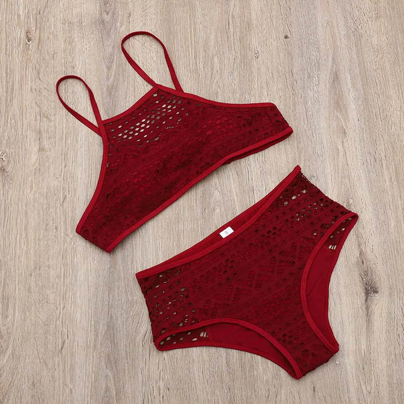 

Woman Swimsuit Bikini Sexy Lace Hollow Solid Color Mid-waist Swimsuit Summer Vacation Swimming Sports Split Two-piece Bikini