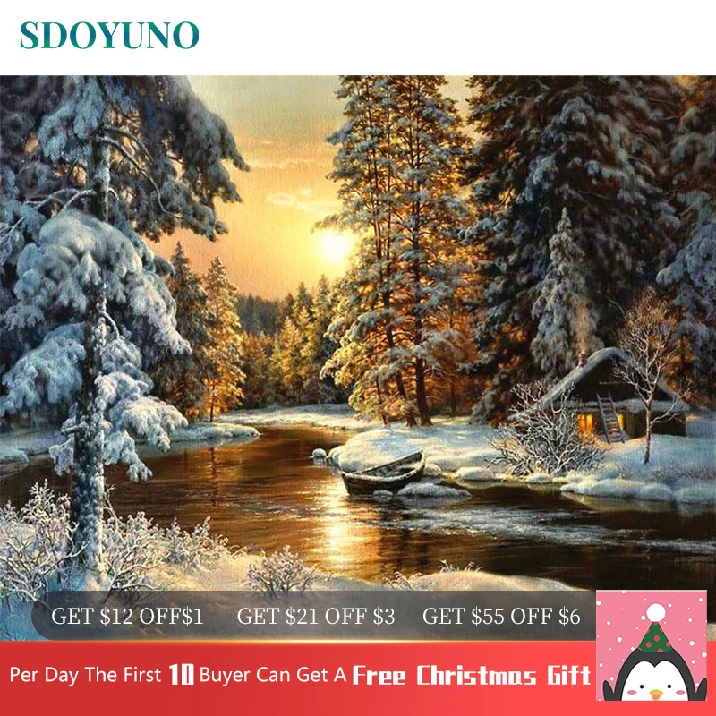 Набор для рисования по номерам на холсте С закатом и снегом | Дом сад