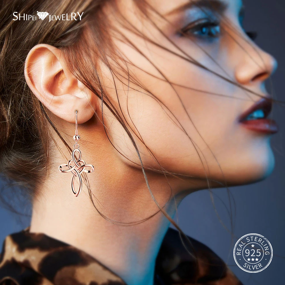 Shipei Cross Drop Dangle Earrings for Women Real 100% 925 Sterling Silver Heart Fine Jewelry Birthday Gift | Украшения и