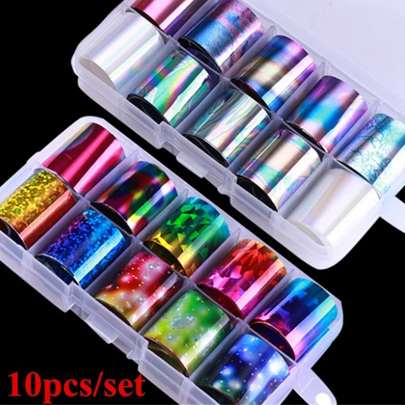 Голографическая Лазерная переводная Фольга для ногтей 10 шт./кор. Набор наклеек