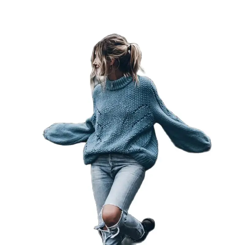 

Pure Color Round Neck Pullover Long Sleeve Hollow Hole Sweater Street Shooting Autumn Winter New Arrival Women's Clothing