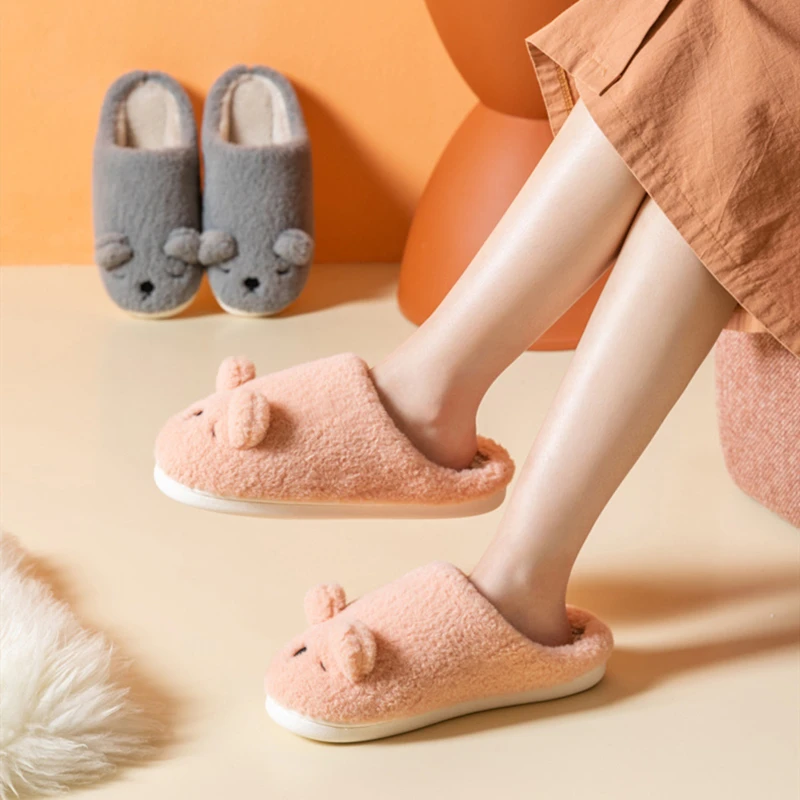 Зимние домашние женские плюшевые тапочки с милым животным медведем Обувь на