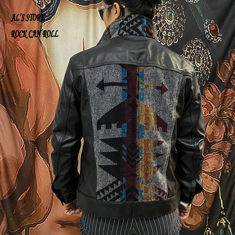 

XW499 RockCanRoll Read Description! Super Quality Coat Genuine Cow Leather & Wool Cowhide Stylish Durable Navajo Jacket