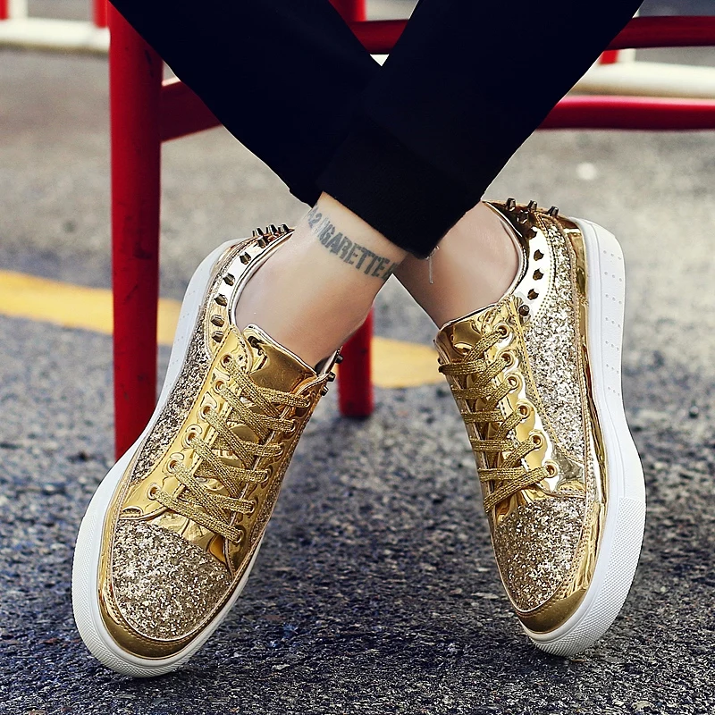 Plus Size 36-44 Men Skateboarding Shoes 2021 Autumn Women New Brand Sneakers Male Shiny Gold Sliver Black Walking Trainers