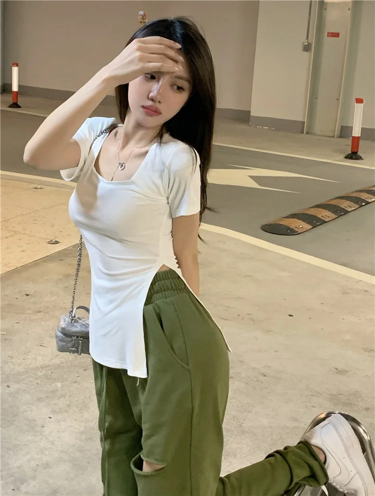 Женская летняя футболка с коротким рукавом и квадратным вырезом |