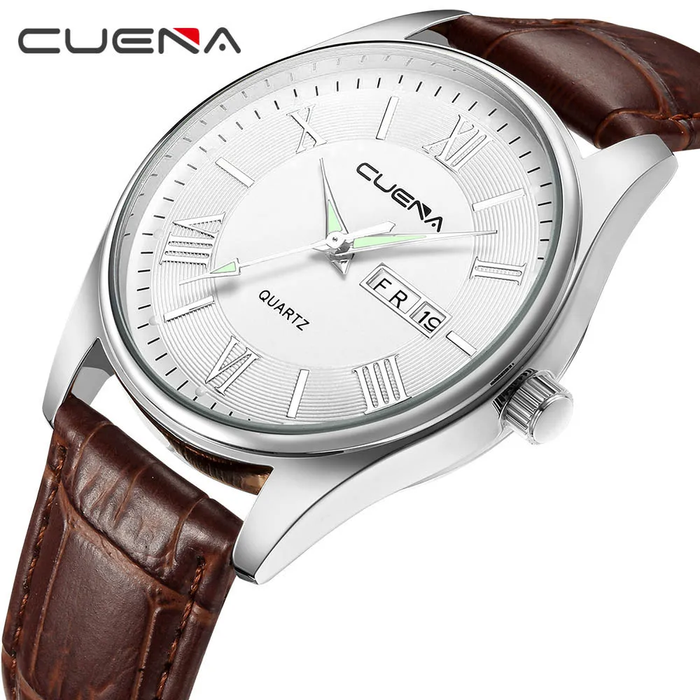 CUENA, мужские кожаные часы, кварцевые часы, модные, простой дизайн, для мужчин, 30 м, водонепроницаемые, простые, с календарем, часы, relogio masculino