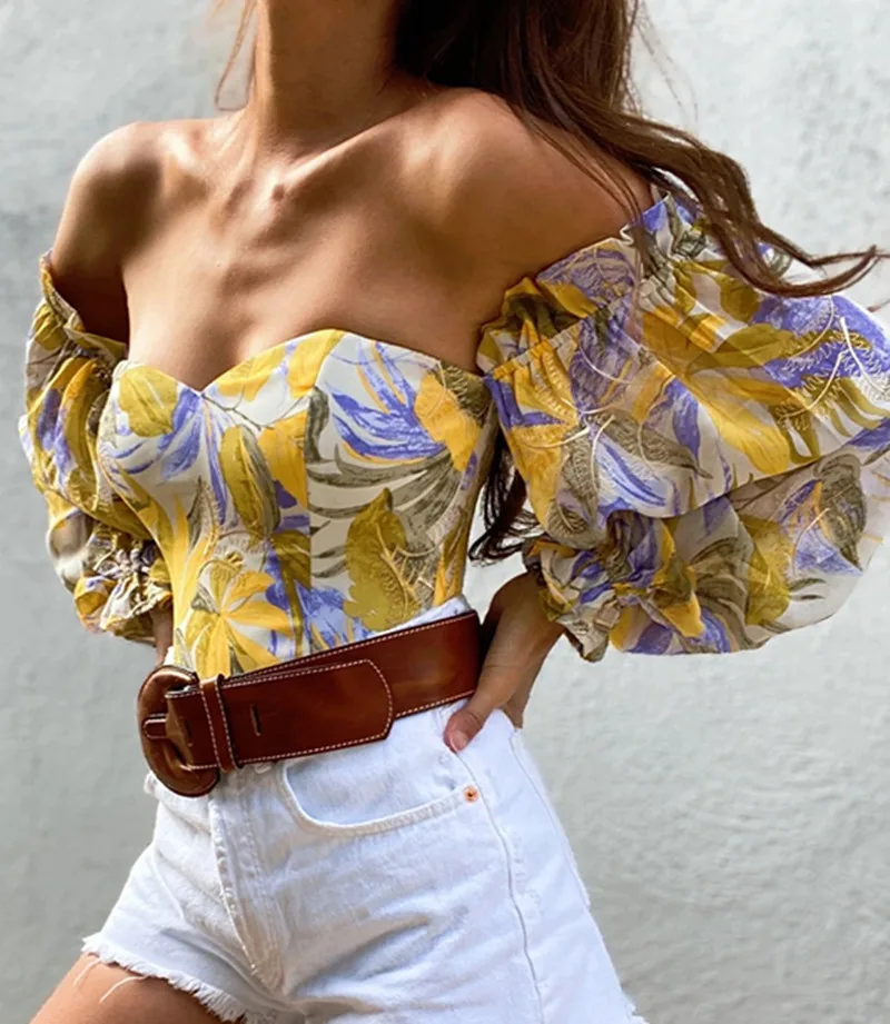 

Женская рубашка с цветочным принтом Musuos, осенне-летняя блузка с длинными рукавами-фонариками, открытой спиной и вырезом-лодочкой, пикантный...