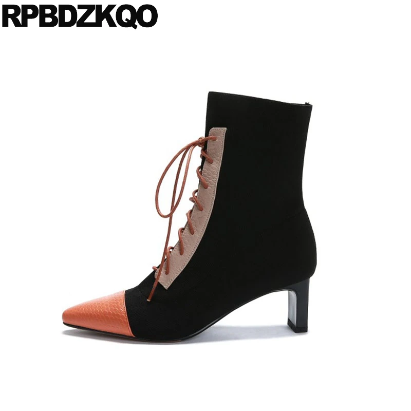 Ботильоны женские на шнуровке спереди с острым носком высоком каблуке|Женские