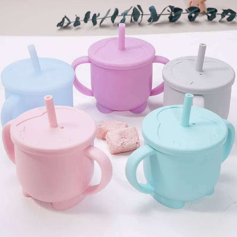 

Food Grade Children Silicone Water Bottle Portable Kids Drinking Cups Baby Learn To Drink Cup With Lid