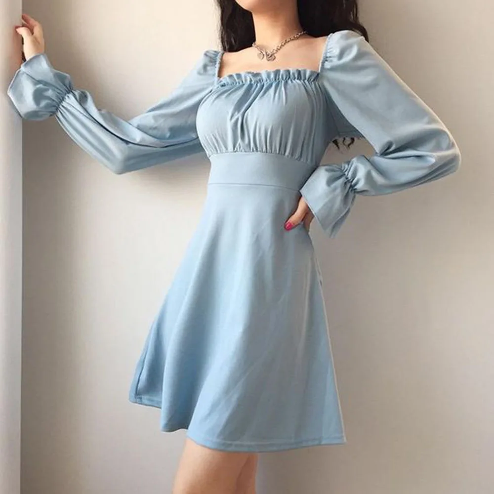 Women's Autumn New Dress Casual Simple Fashion Commuter Style Solid Color Square Collar Long Sleeve Slim High Waist Dresses