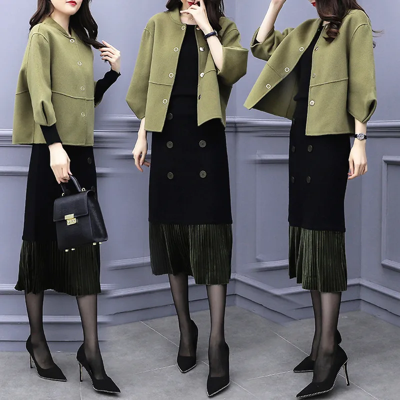 

High Quality Womens Winter Tweed 2 Piece Skirt Suits Woolen Tweed Jacket And Skirts Set Fashion Ensemble Femme Deux Pieces