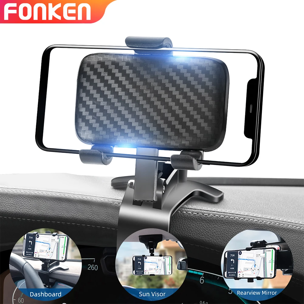 FONKEN لوحة سيارة حامل هاتف 360 درجة الهاتف الذكي المحمول تقف مرآة الرؤية الخلفية الشمس قناع في سيارة الملاحة لتحديد المواقع قوس