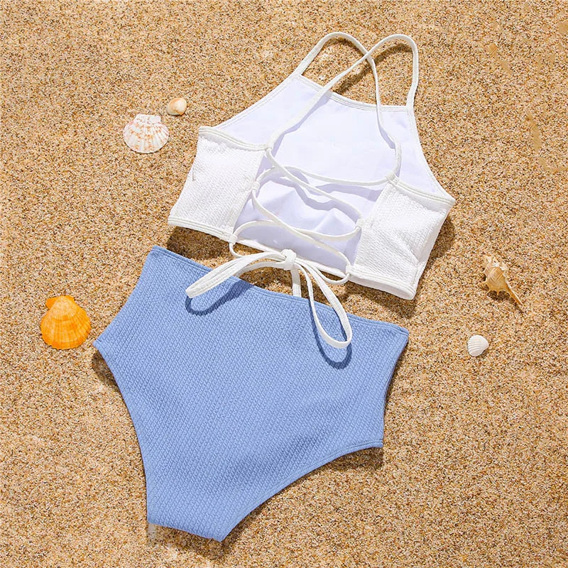 

New Swimwear High Waisted Cross Back Bikini Female Bandage Swimsuit Women Solid Bikini Set Two-pieces Summer Beachwear Swim