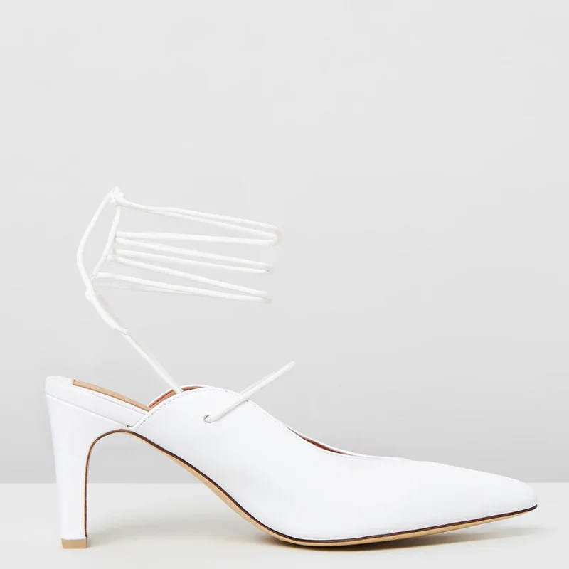 Murah Shofoo Putih Cross-Tied Pergelangan Kaki Tali Gesper Tertutup Runcing Toe Sandal Wanita Square Heels Ukuran Besar 12 16 Wanita Fashion Sepatu