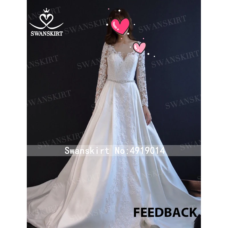 Appliques Satin Wedding Dress Swanskirt K163 Long Sleeves Crystal A-Line Vintage Beaded Bride Gown Backless Vestido de Noiva