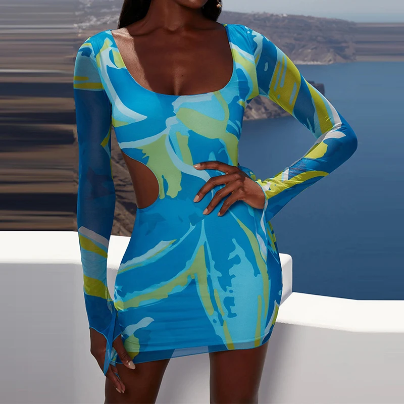

Blue Aesthetic Print Sheer Mesh Bodycon Mini Dress 2021 Sexy Clubwear Long Sleeve Square Collar Waist Cut Out Casual Streetwear