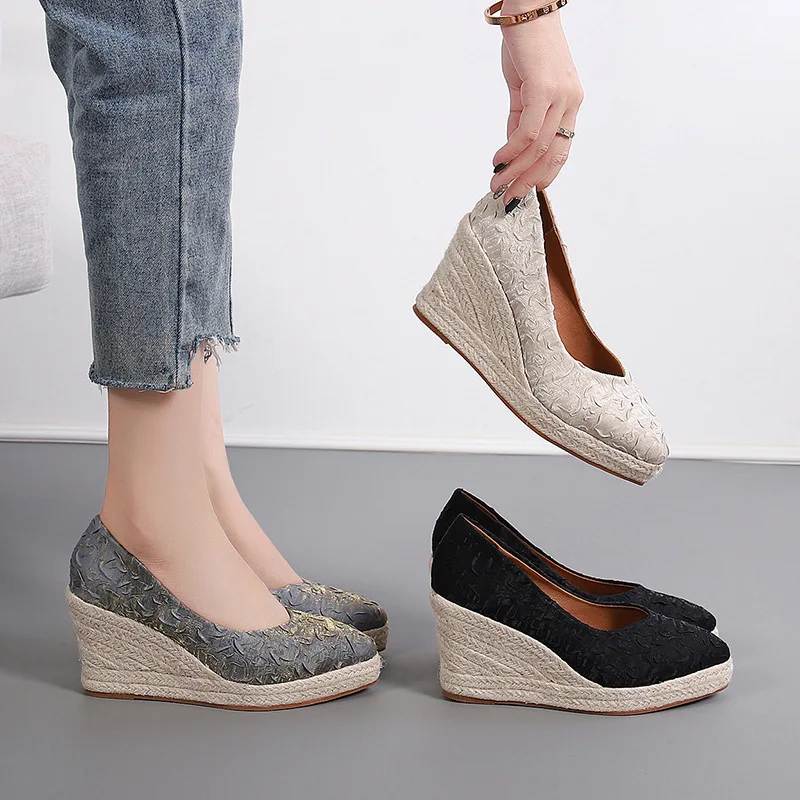

Women's Wedge Shoes 2021 New High Thick-heeled Platform High Heels Shoes Women's Pointed Shallow Mouth Women Straw Woven Pumps