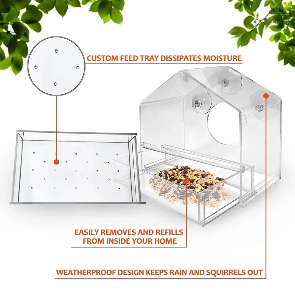 

Window Birds Feeder Weather Proof House Shape Clear Acrylic Feeder with 3 Sucker for Outdoors Songbird S7