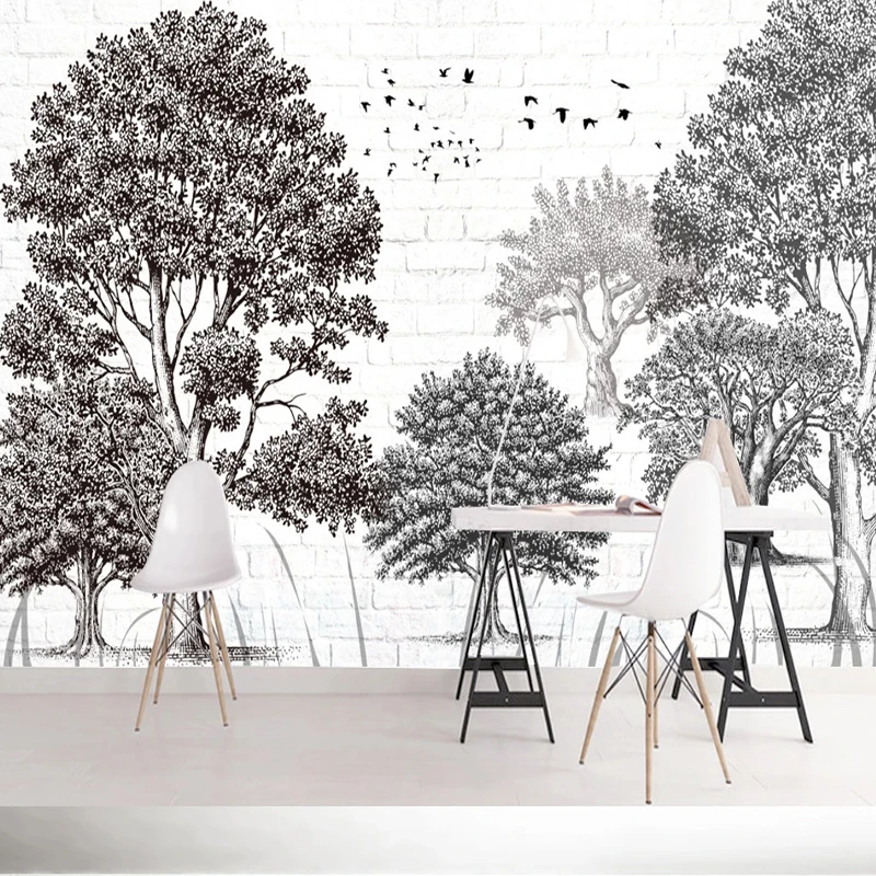 Пользовательская 3D настенная роспись европейские черные белые деревья фото обои