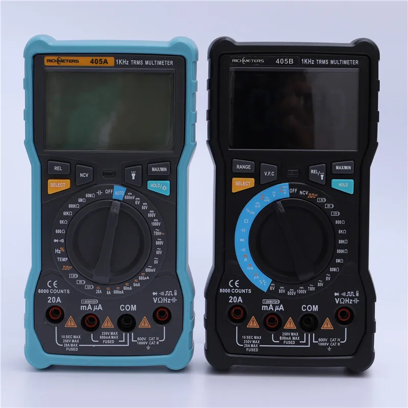 RICHMETERS 20A Big Digital Multimeter 8000 Counts Black Screen NCV AC/DC Voltage Current Ohm Temperature RM405A