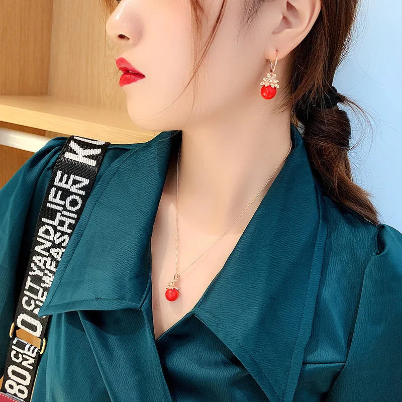 The New Simple Cute Rhinestone Flower Red Bead Korean Sweet Elegant Pendant Necklace for Women Fashion Accessories | Украшения и