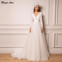 magic awn long sleeves wedding dresses lace appliques illusion v neck ivory elegant a line wedding party gowns backless vestidos