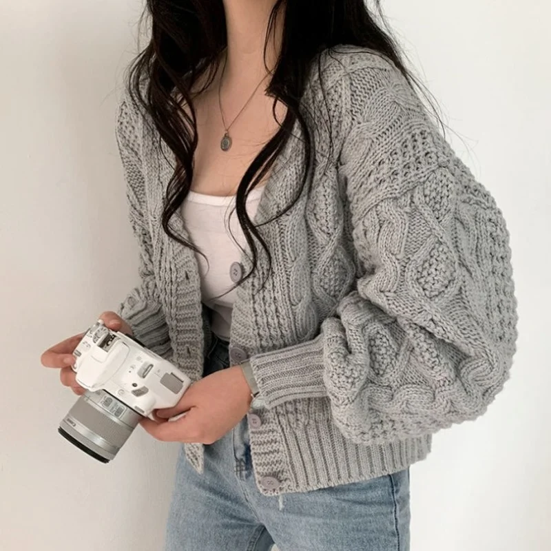 

Twist Sweater Coat Female Autumn and Winter 2021 Korean Version of Chic Loose Wild V-neck Lantern Sleeve Short Sweater