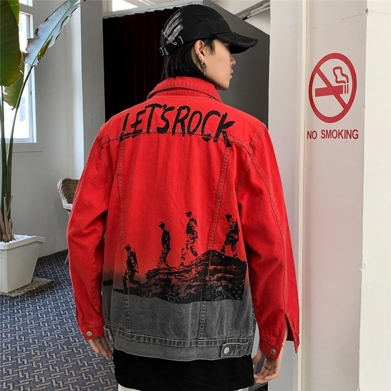 

Korean Gradient Black Red Denim Jacket for Men Urban Men's Streetwear Punk Rock Patchwork Red Jean Jacket Plus Size