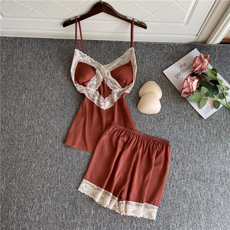 

2PCS Pajamas Suit Women Sexy Hollow Out Satin Sleep Set Intimate Lingerie Summer New Homewear Orange Lace Pyjamas Nightwear