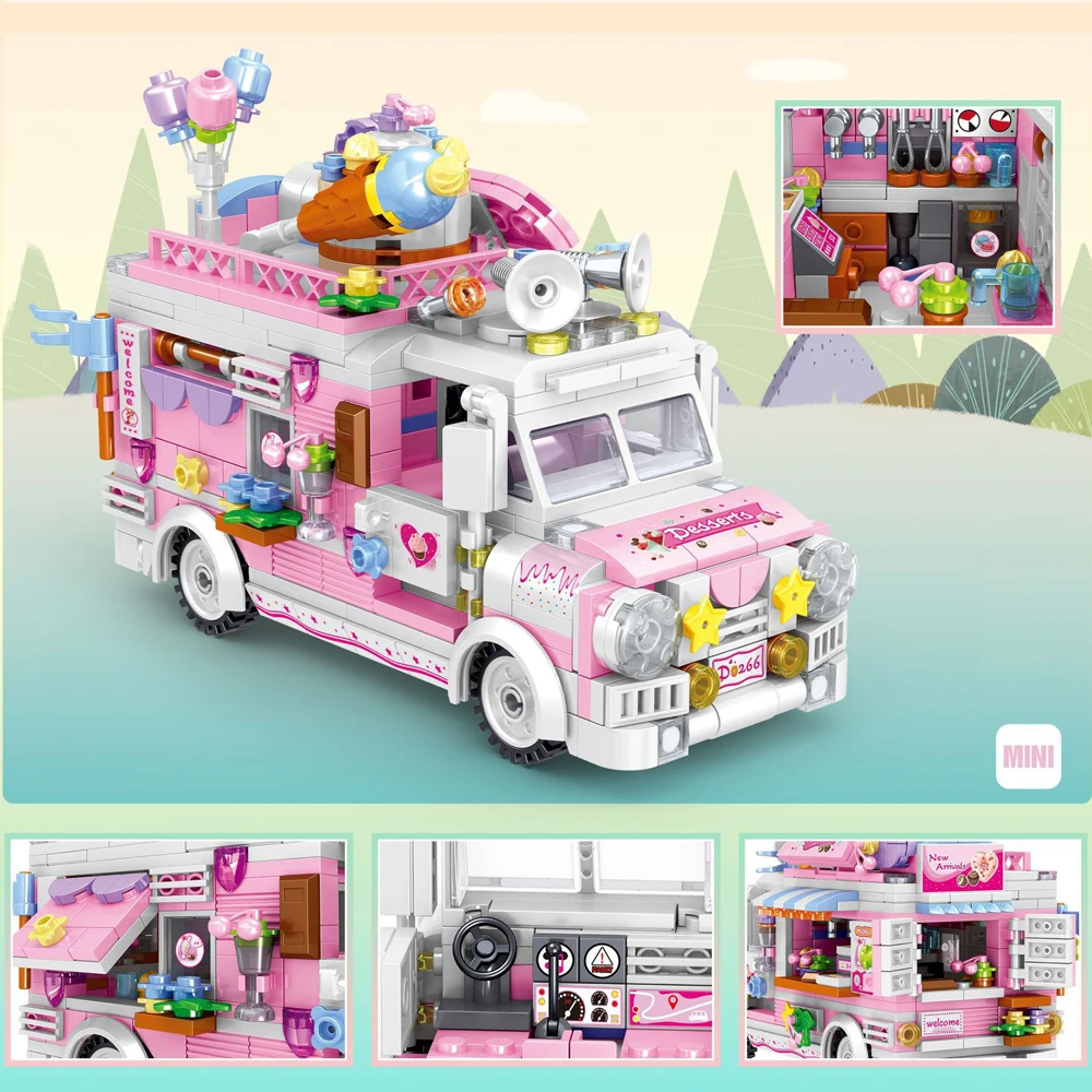 Girls Friends Building Blocks Ice Cream Burger sushi fruit dessert cart Model Bricks City Vocation Vehicle Camping Car Kids Toys | Игрушки и