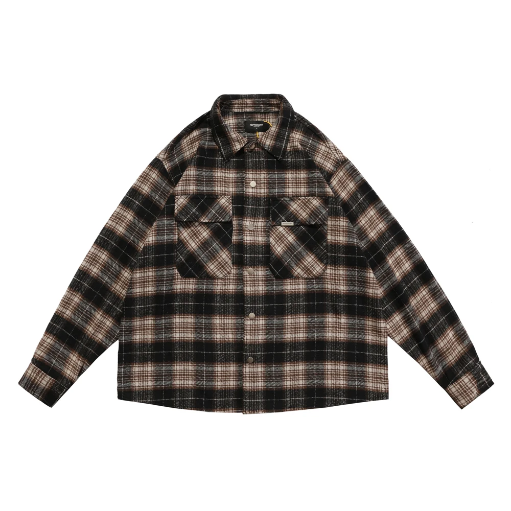 

Oversize Plaid Represent Shirts Men Women High Street Tartan Wool FLANNEL Overshirt Double Chest Pocket Vintage Retro Blouse