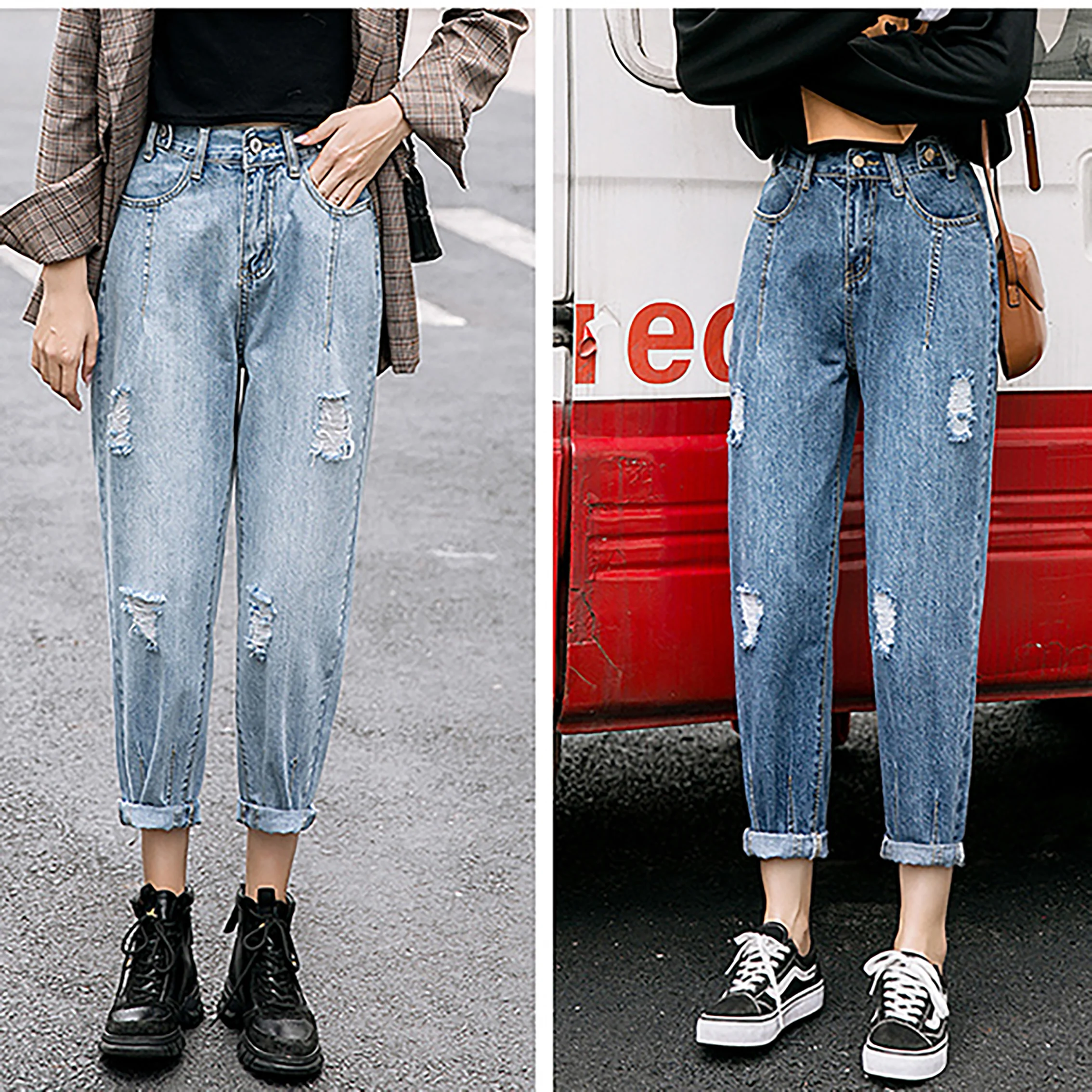 

Korean Version Of High Waist Jeans Casual Stretch Loose Female Solid Color New High Street Denim Trousers
