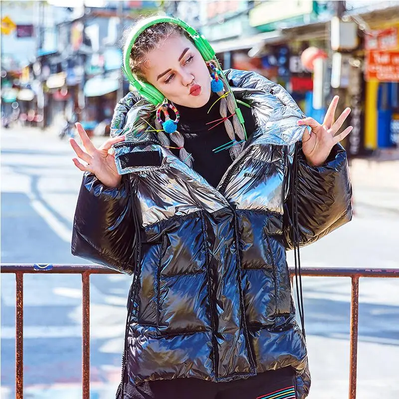 2019 зимние толстые пуховики металлический цвет теплые женские пальто с