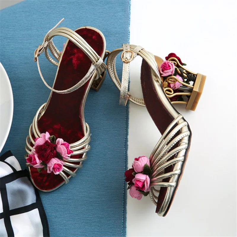 Women Sandals Summer Retro Flower Sweet Princess Hollow Fashion Open-toed Birdcage With Women Shoes Buckle Sexy Zapatos De Mujer