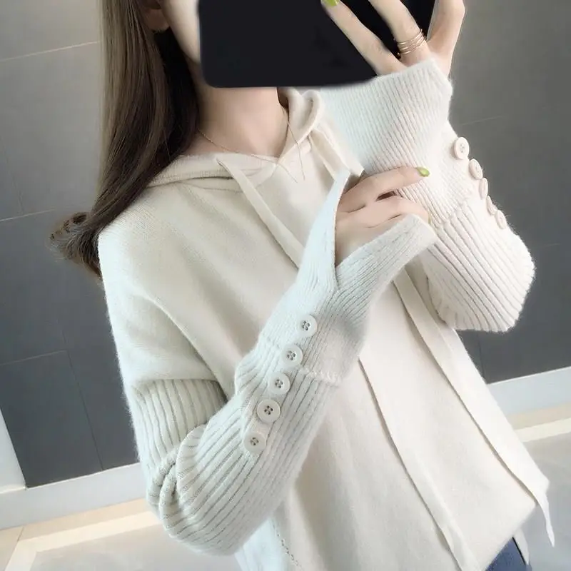Autumn Loose Women Hooded Sweater Button Solid Knitted Office Lady Casual Jumper Pullovers | Женская одежда