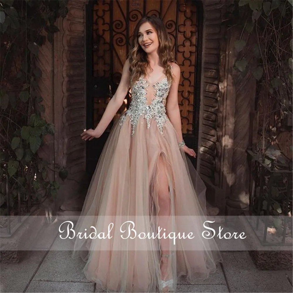 

Выпускные платья цвета шампанского 2021, трапециевидные тюлевые вечерние платья до пола с кристаллами и v-образным вырезом, Платья для вечери...