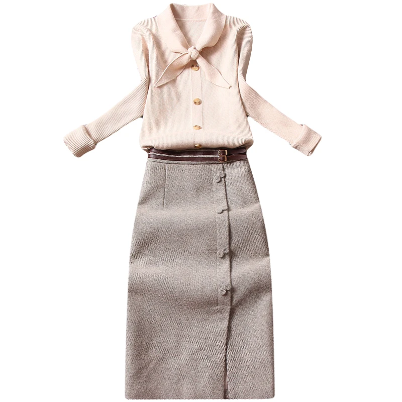 

office lady women skkirts sets 2020 autumn new knitted bow long-sleeved sweater cardigan and A-line knee-length skirts lady suit
