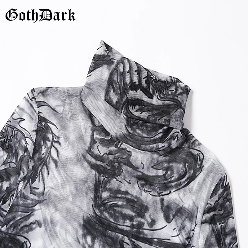 Goth Dark Dragon Print Gothic Punk Female Dresses Harajuku Longsleeve Autumn Grunge Mesh Women's Dress Aesthetic Fashion