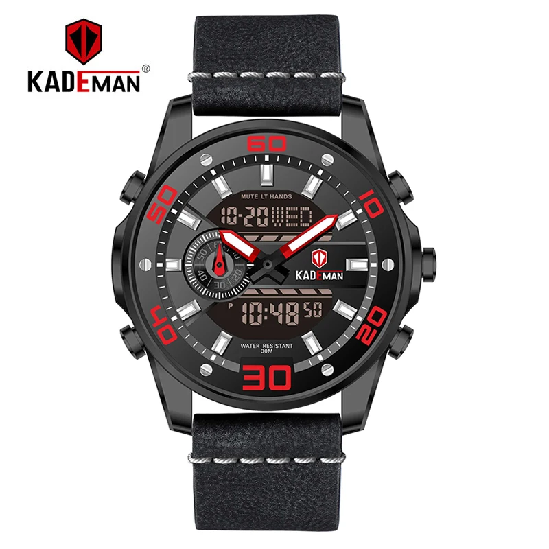 6156G-B-RE-B KADEMAN, Роскошные мужские часы, Tech, светодиодный, цифровые, спортивные часы, 3 АТМ, водонепроницаемые, Топ бренд, модные кожаные Наручные часы, Relogio Masculino - Цвет: 6156G-B-RE-B