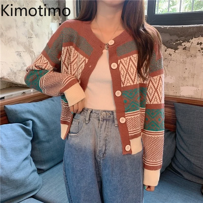 

Винтажный жаккардовый свитер Kimotimo, кардиган, Женская Осенняя Новинка, вязаное пальто с круглым вырезом и длинным рукавом, корейские модные ...