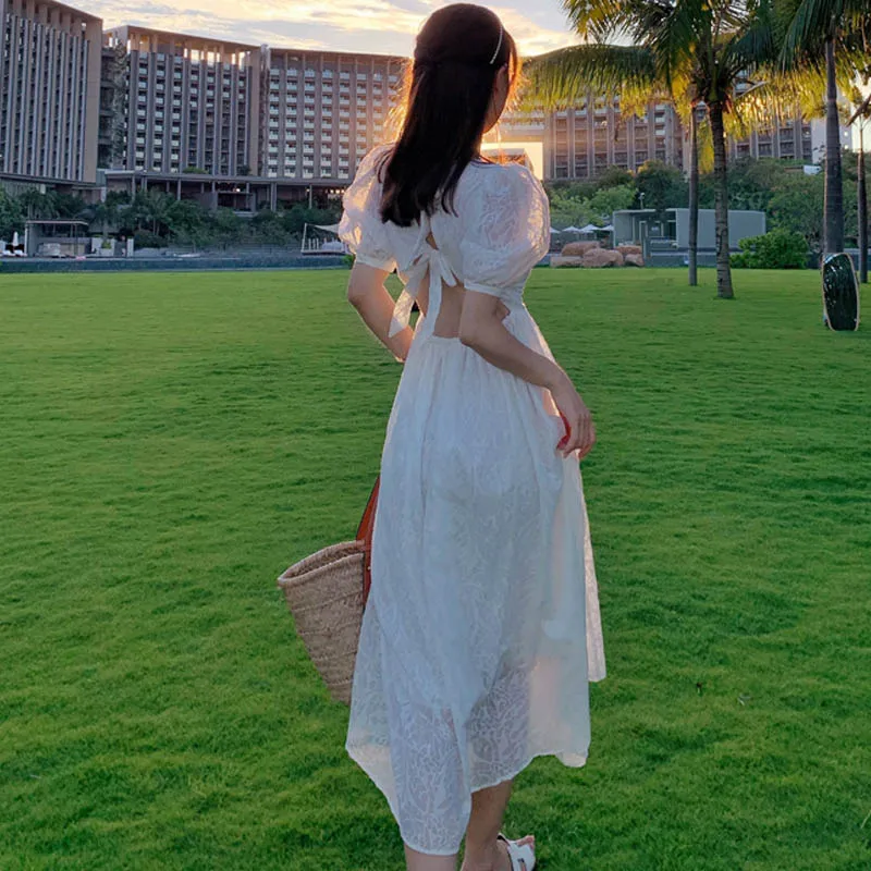 

2021new Summer Korean White Fairy Sweet And Lovely Puff Sleeve Dresses Elegant And Chic Square Collar Backless Vacation Dresses