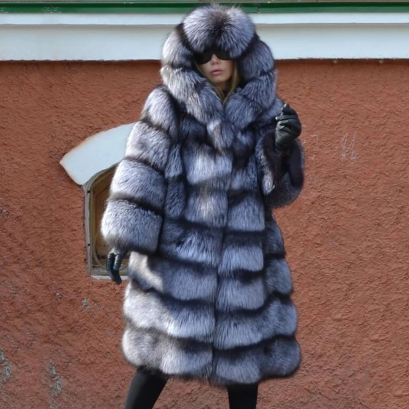 Luxury Real Silver Fox Fur Coat With Big Lapel Collar Winter Fashion Women Fur Overcoats Long 2022 New Natural Fox Fur Coats