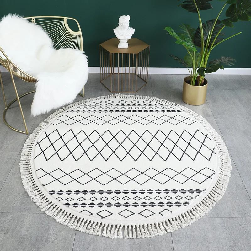 

Morocco Black White Carpet Living Room Handmade Round Carpet Homestay Bedroom Cotton Geometric Mat Area Rug Decor Floor Nordic