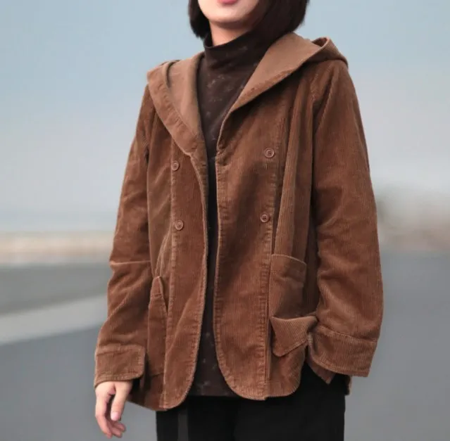 Spring Autumn Womens Loose Hooded Jacket Women Corduroy Jackets Short Coats Female Vintage Outerwear Women Cropped Jacket