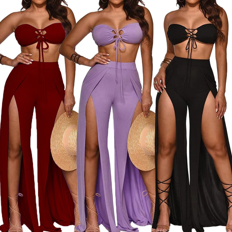 

OMSJ 2021 Casual Sexy Women Streetwear 2 Pieces Set 3 Colors Strapless Tops High-waisted wide-leg Pants Fashion Patchwork Suits