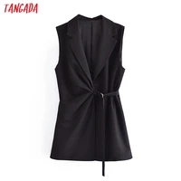 tangada 2021 women black long vest coat with belt office ladies waistcoat sleeveless blazer elegant top 3w131