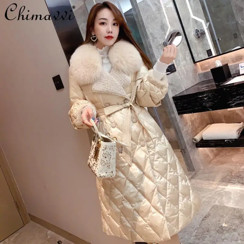 

European Style 2021 New Winter Clothes Fashion Real Fox Fur Collar Down Jacket Women's Elegant Slim Mid-Length Luxury Down Coat